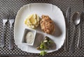 Sliced Ã¢â¬â¹Ã¢â¬â¹chicken cutlet, breaded in breadcrumbs from white bread with a side dish of mashed potatoes Royalty Free Stock Photo